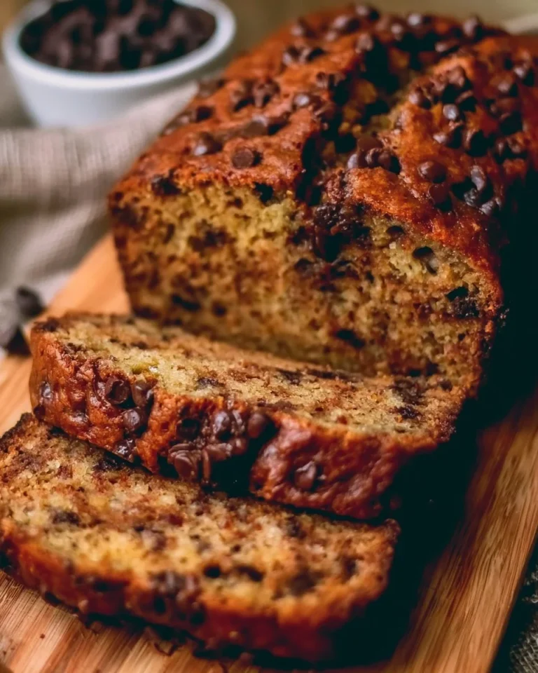 A slice of chocolate chip banana bread on a wooden countertop.