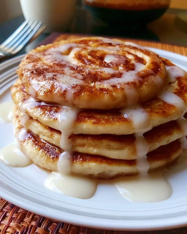 Delicious cinnamon roll pancakes stacked with icing on top