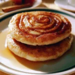 Fluffy Cinnamon Swirl Pancakes drizzled with syrup on a plate