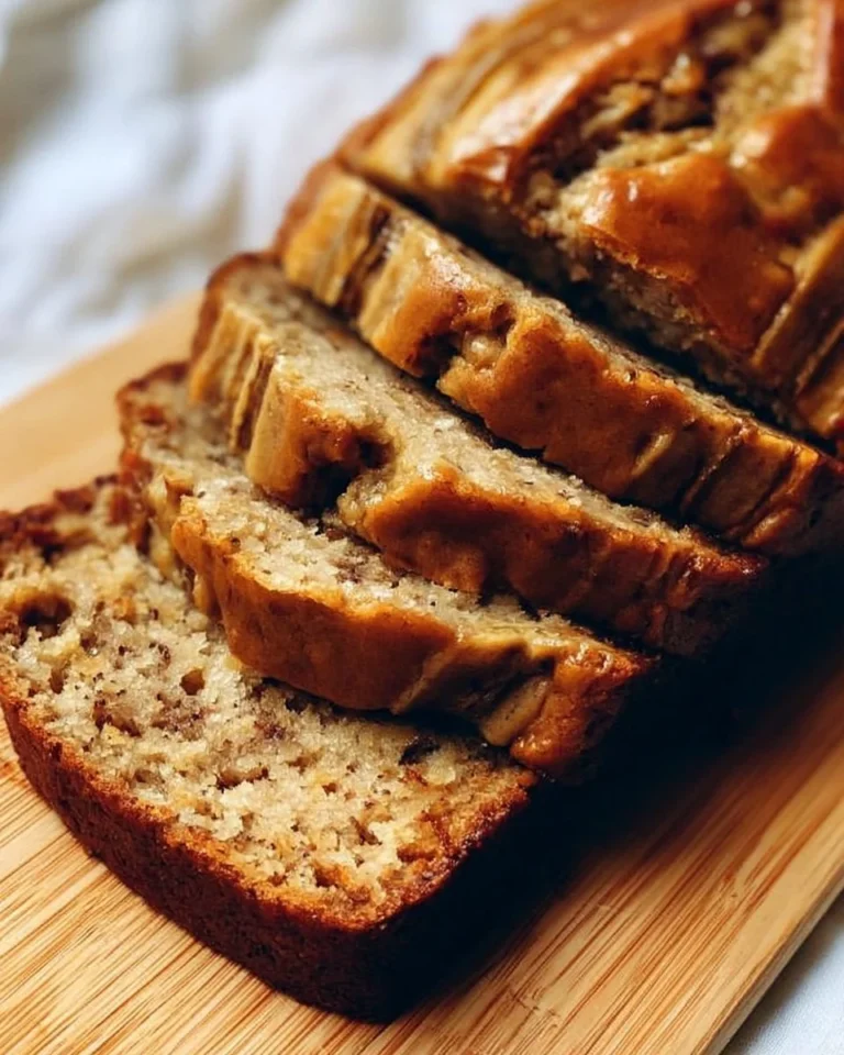 Slice of classic banana bread with honey on a wooden cutting board