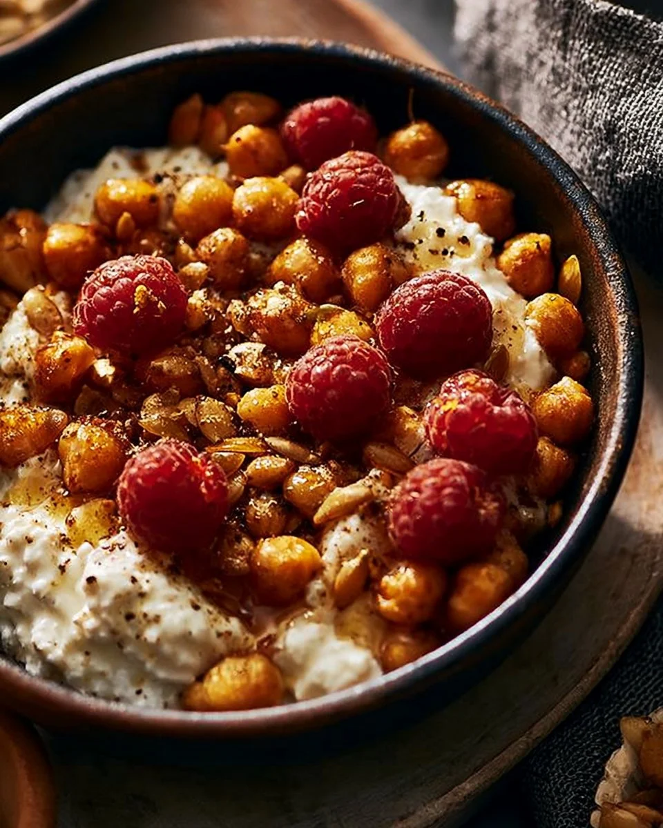 Cottage Cheese with Raspberry Honey and Vinegar-Seasoned Pumpkin Seeds