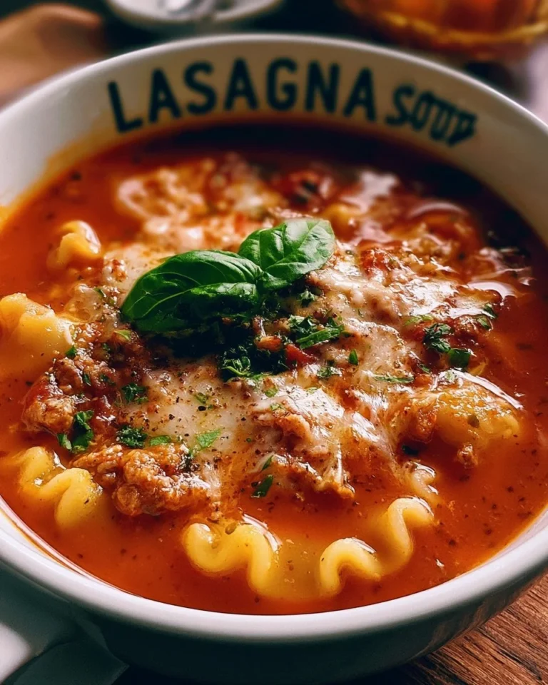 Bowl of cozy lasagna soup topped with cheese and herbs