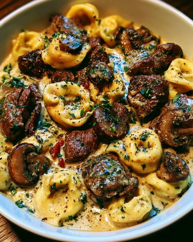 Delicious Cracked Garlic Steak Tortellini served in Creamhouse Sauce.