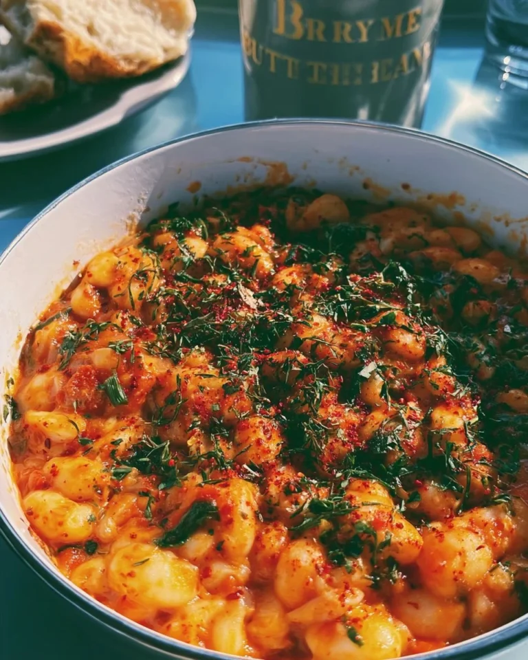 Creamy butter beans dish garnished with herbs on a plate