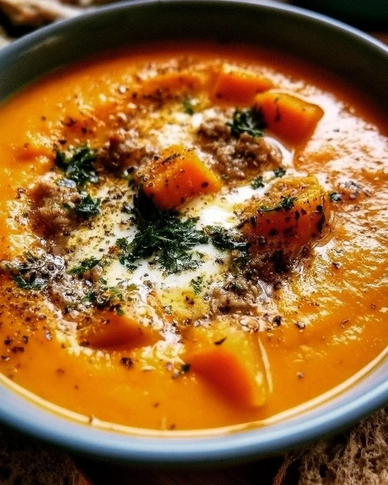 Creamy butternut squash soup with sausage served in a bowl