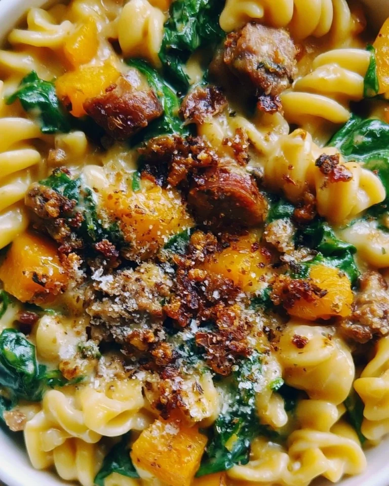 Creamy butternut squash pasta with sausage and spinach served in a bowl