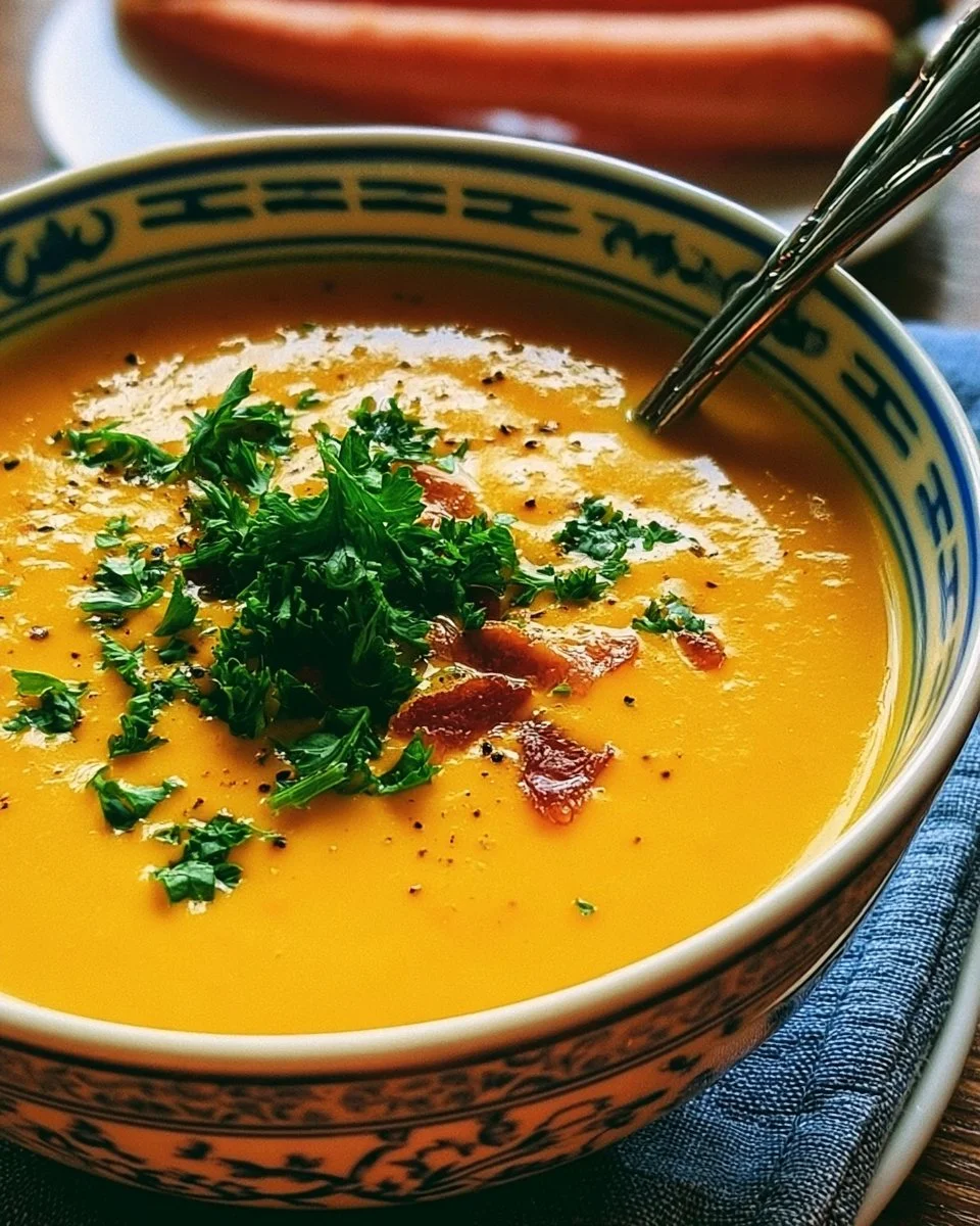 Bowl of creamy carrot soup garnished with herbs and served with crusty bread