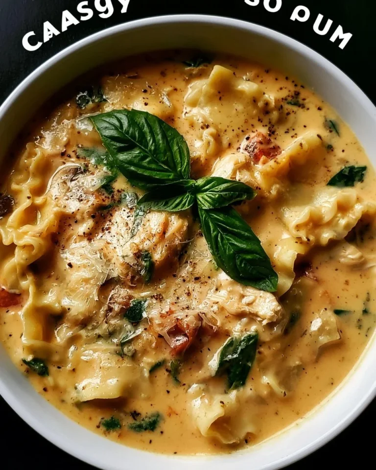 Bowl of creamy chicken lasagna soup topped with herbs and cheese