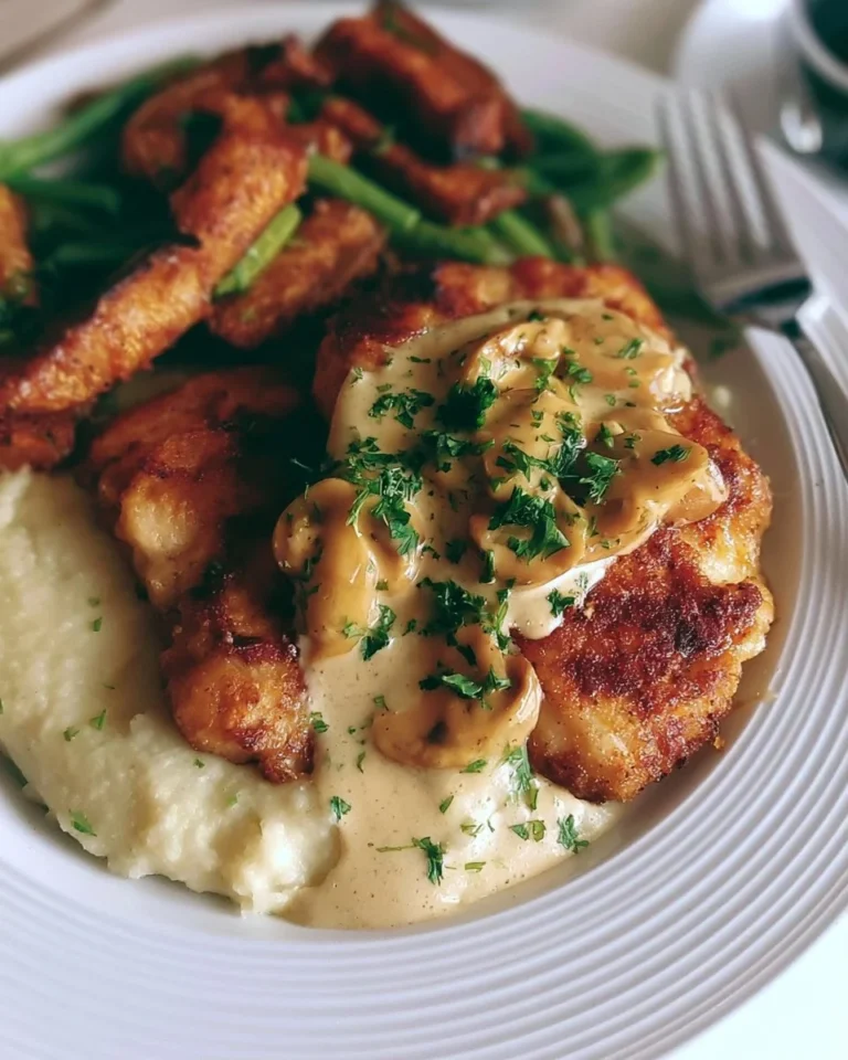 Creamy chicken schnitzels served with a rich cream sauce on a plate