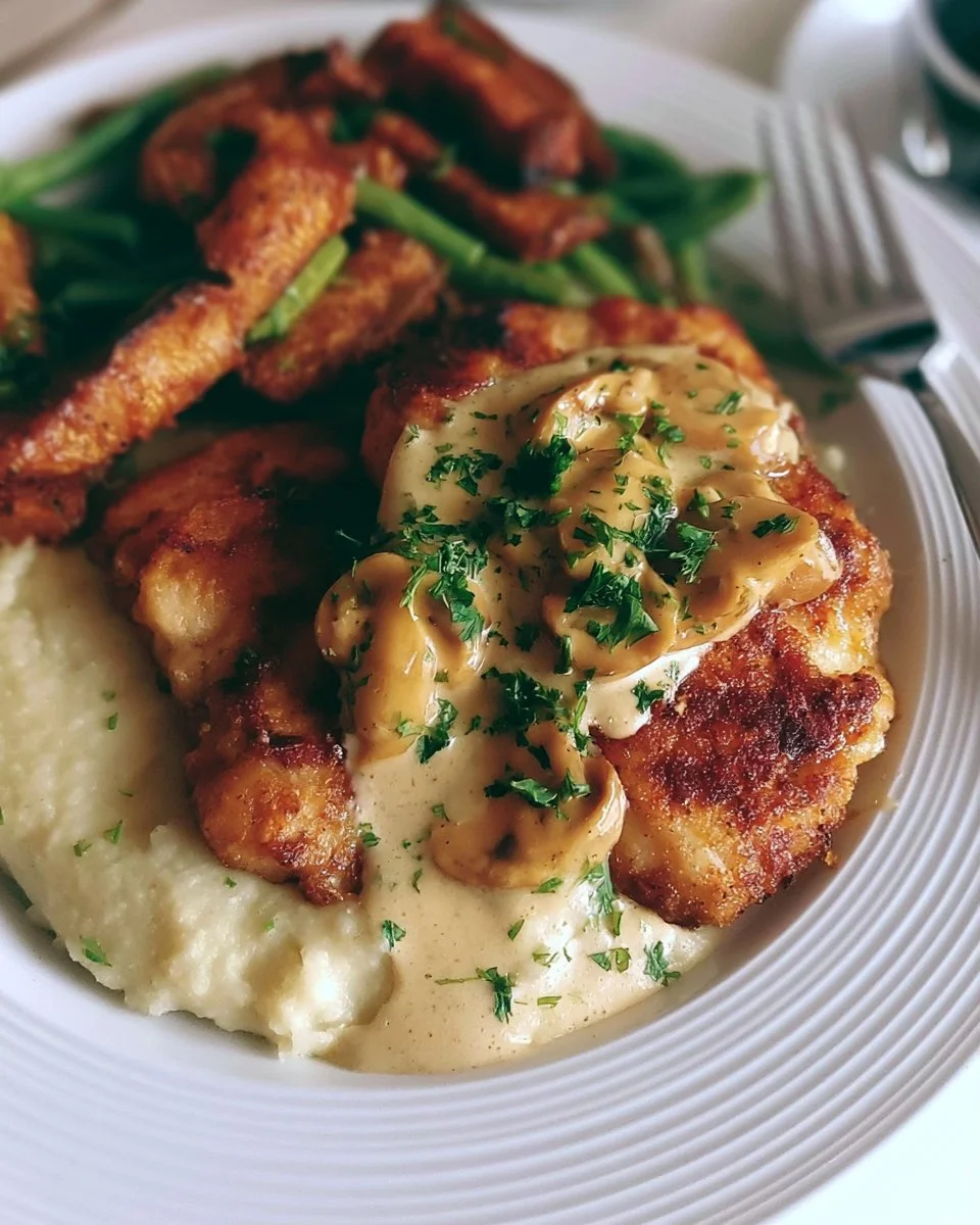 Creamy chicken schnitzels served with a rich cream sauce on a plate