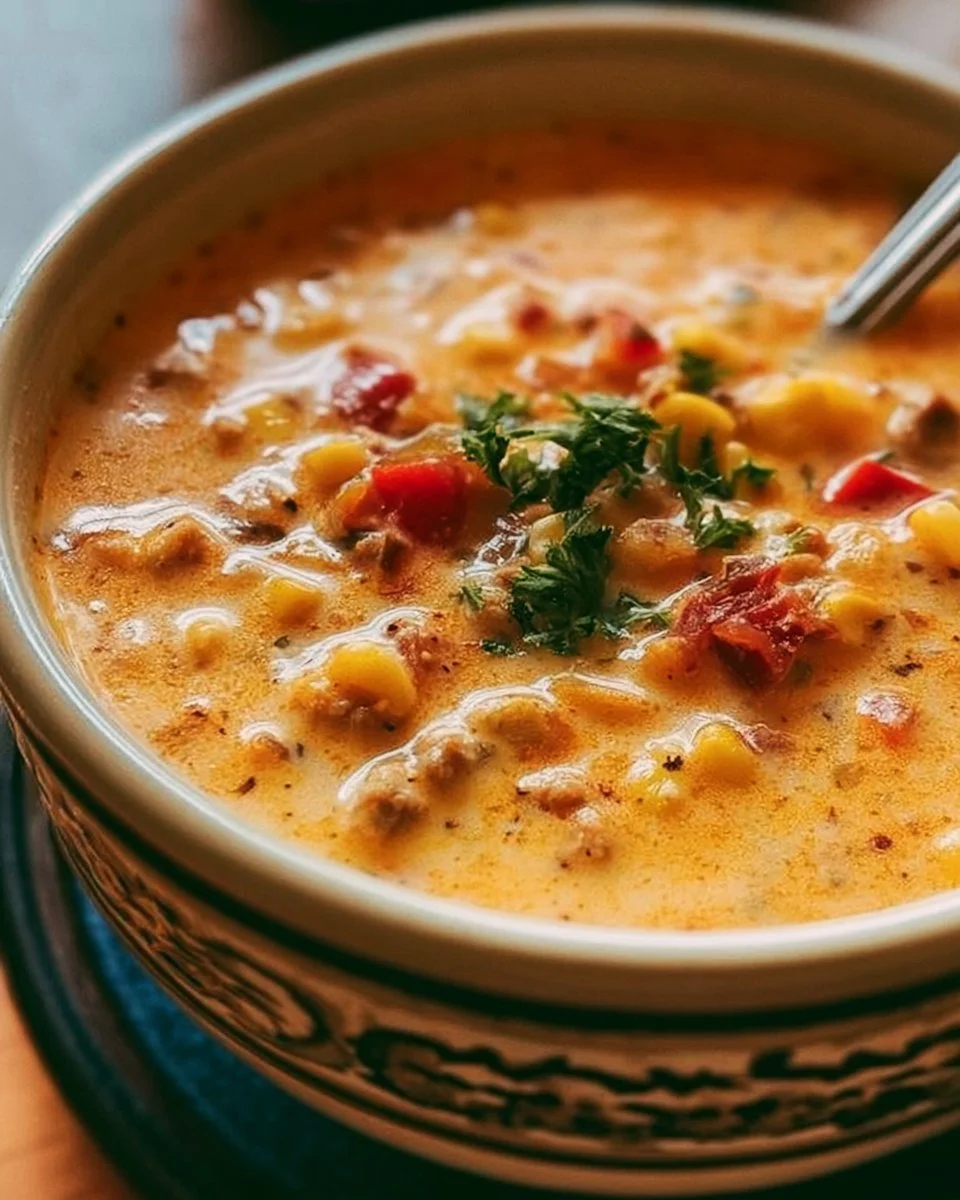 Delicious creamy cowboy-style soup served in a rustic bowl