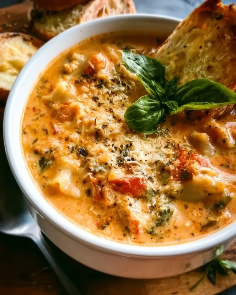 Bowl of creamy lasagna soup topped with cheese and herbs