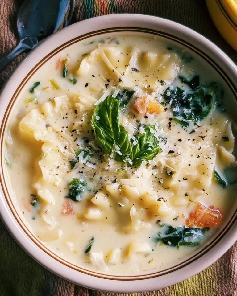 Creamy lasagna soup in white sauce served in a bowl with herbs.