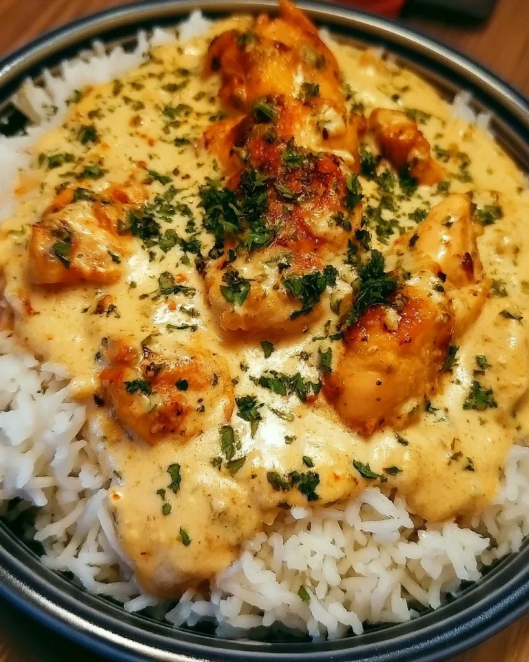 Delicious bowl of creamy smothered chicken served over fluffy rice