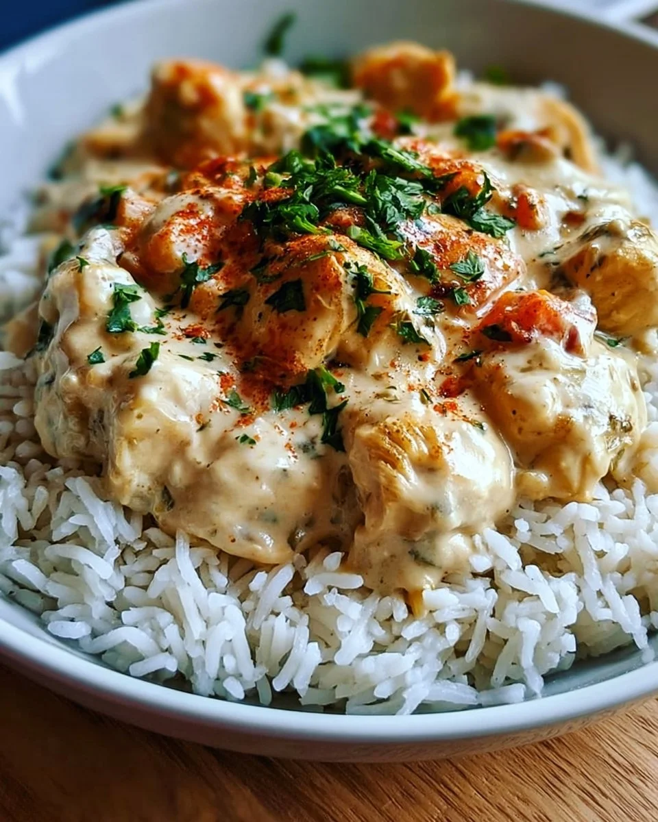 Creamy smothered chicken on a bed of rice, garnished with herbs.