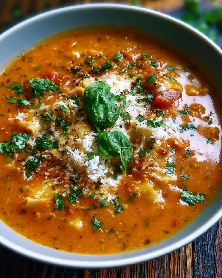 Bowl of creamy vegan lasagna soup garnished with fresh herbs