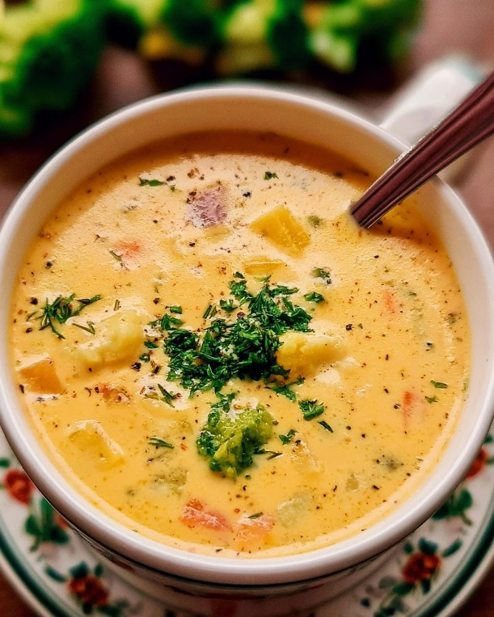 Creamy vegetable soup garnished with fresh herbs in a bowl