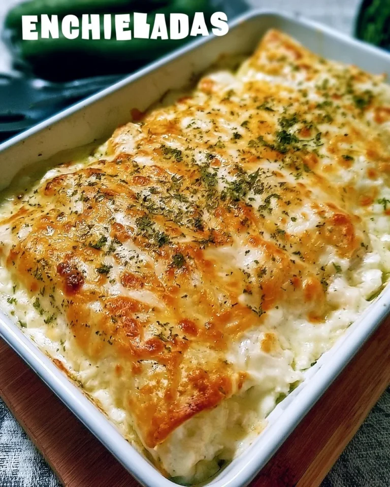 Creamy white chicken enchiladas topped with cheese and green sauce