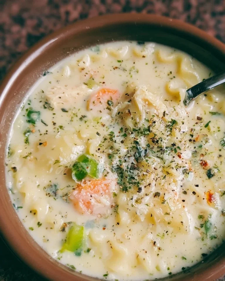 Delicious creamy white chicken lasagna soup in a bowl with herbs