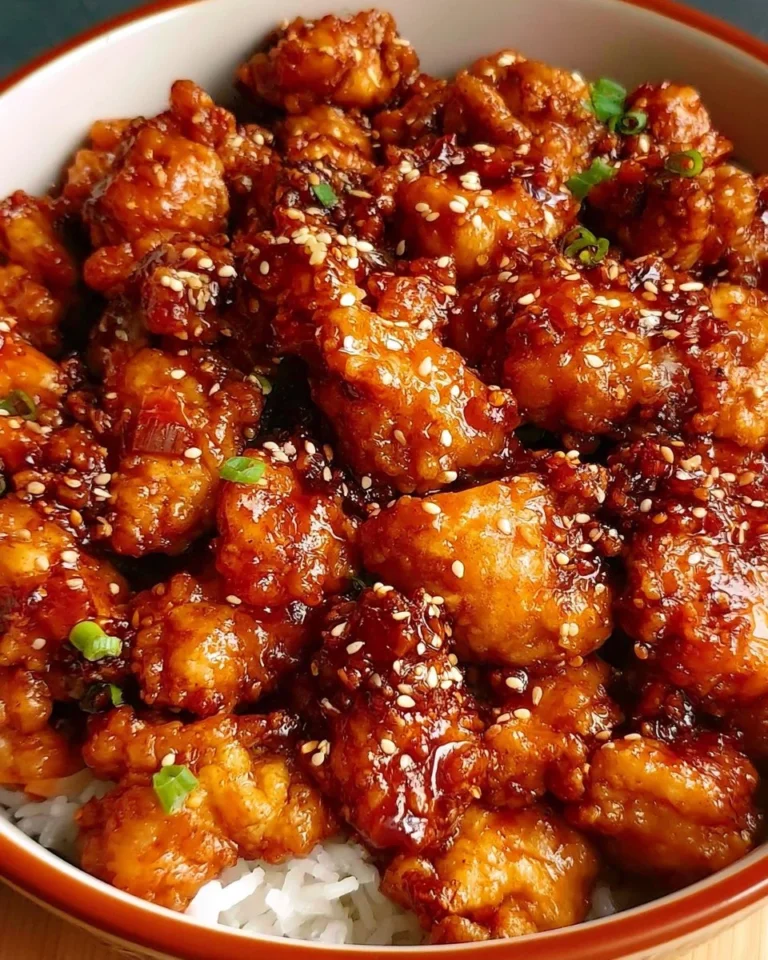 Plate of crispy sesame chicken topped with sesame seeds and green onions.