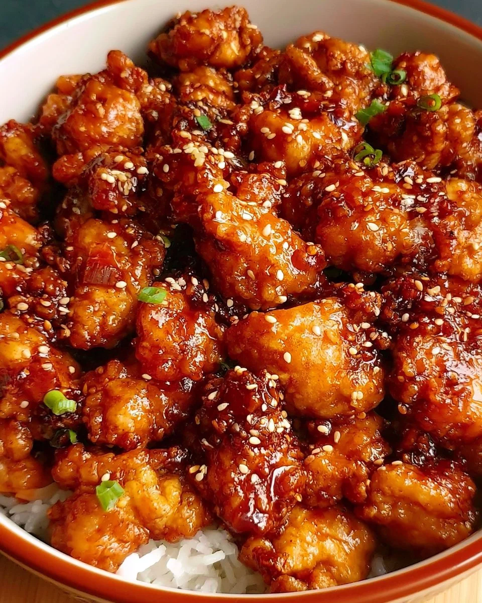 Plate of crispy sesame chicken topped with sesame seeds and green onions.