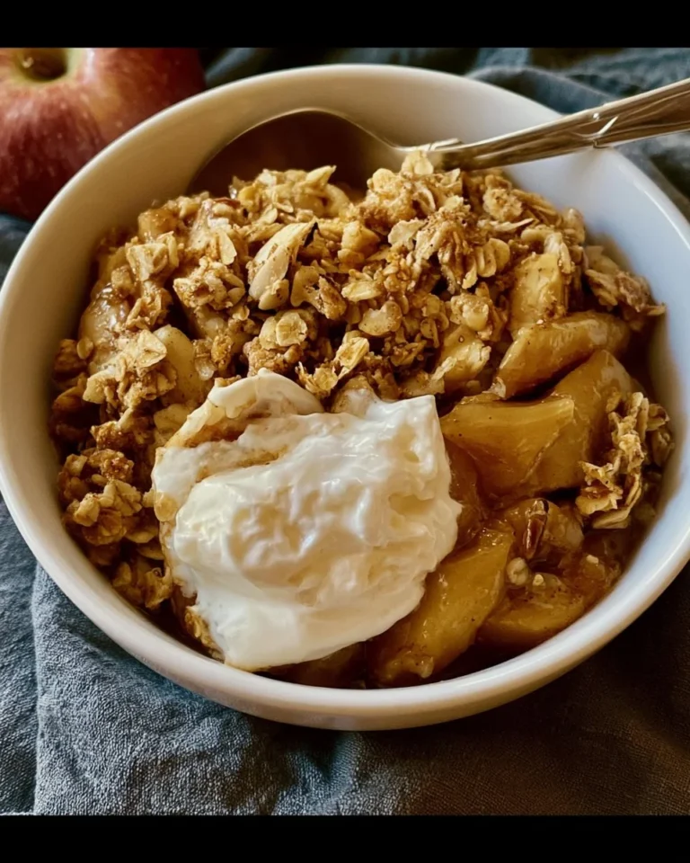 Delicious homemade Crock Pot apple crisp topped with oats and cinnamon.