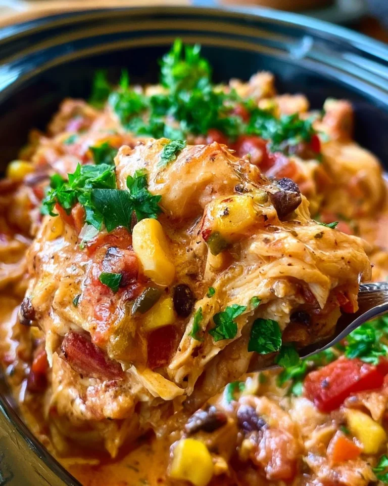 Crock Pot Fiesta Chicken with spices and vegetables in a slow cooker
