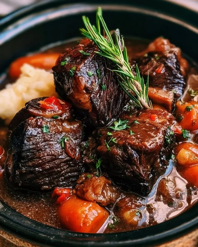 Delicious crockpot beef short ribs served with herbs and vegetables