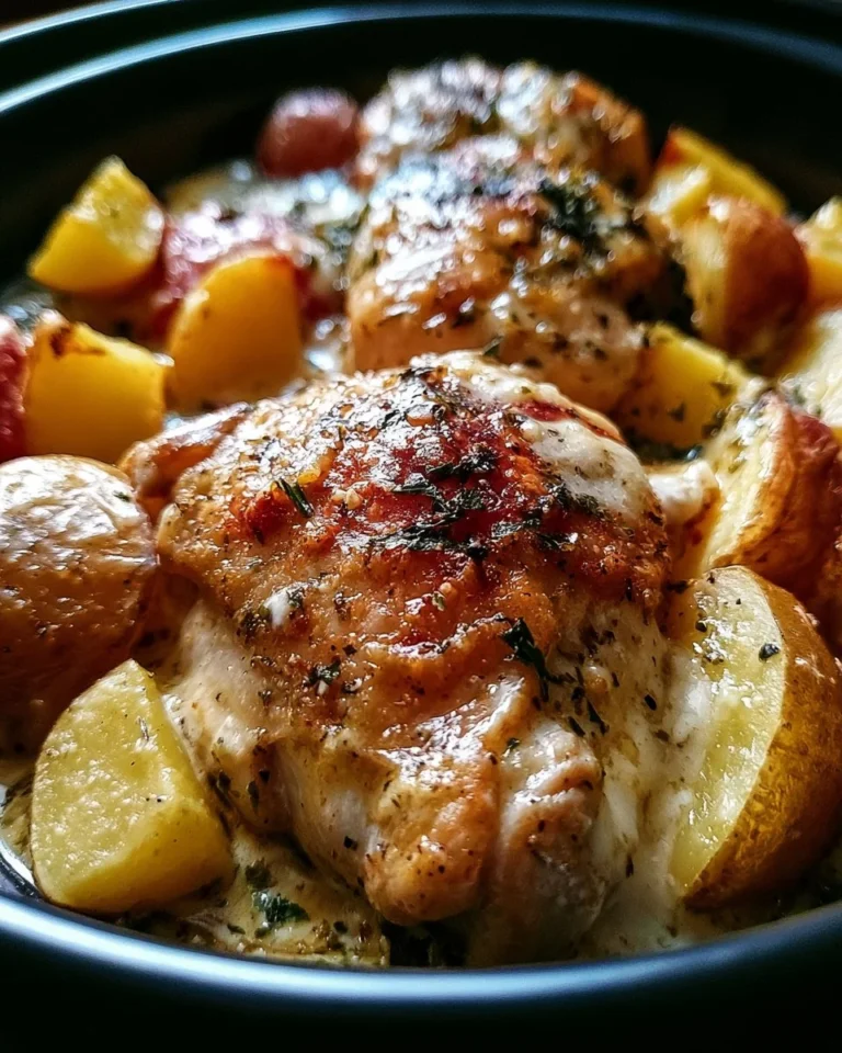 Delicious Crockpot Garlic Parmesan Chicken with tender potatoes