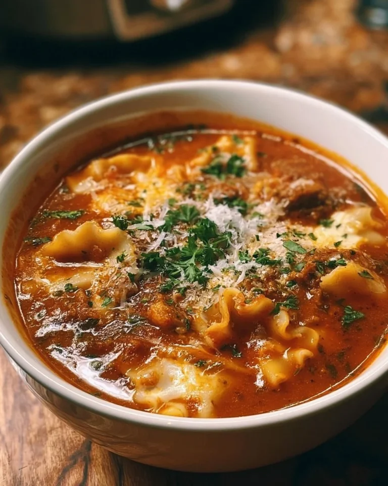 Delicious Crockpot Lasagna Soup served in a bowl, garnished with fresh basil.