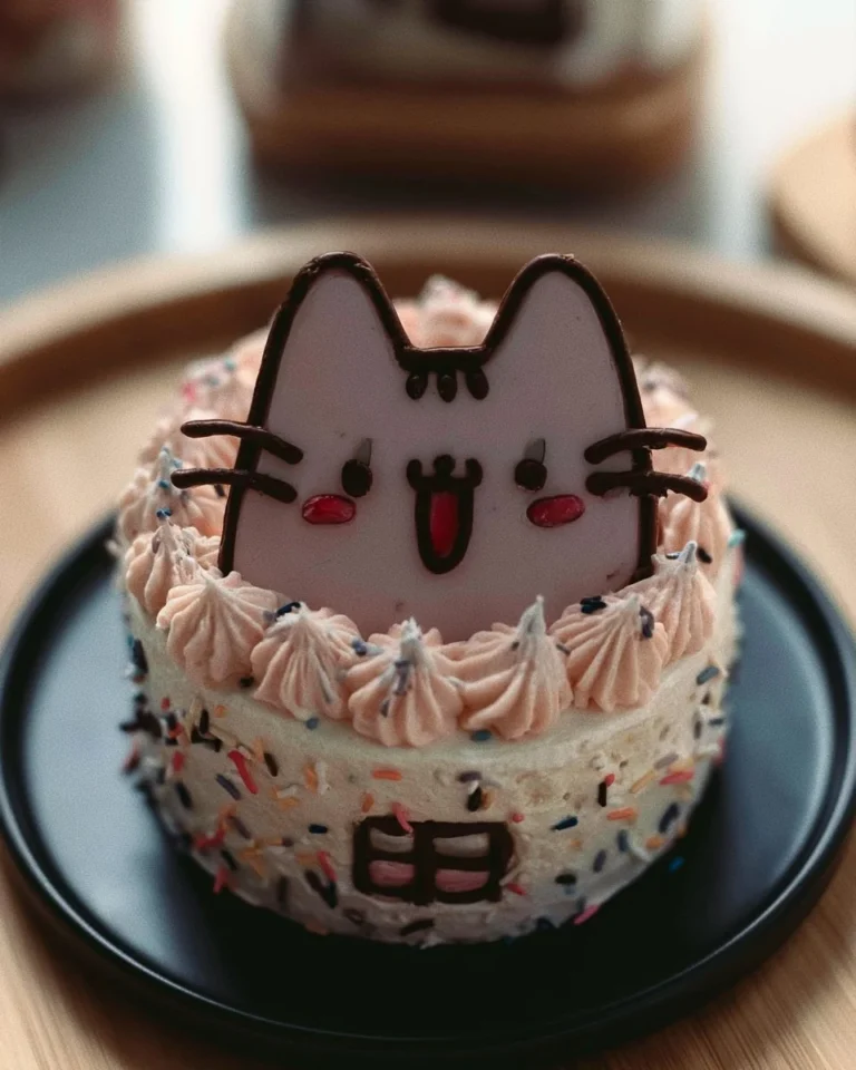 Adorable cute cat cake decorated with colorful frosting and fondant