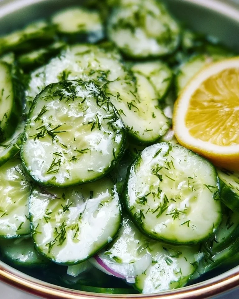 Dill-infused cucumber salad served in a bowl, garnished with fresh herbs.