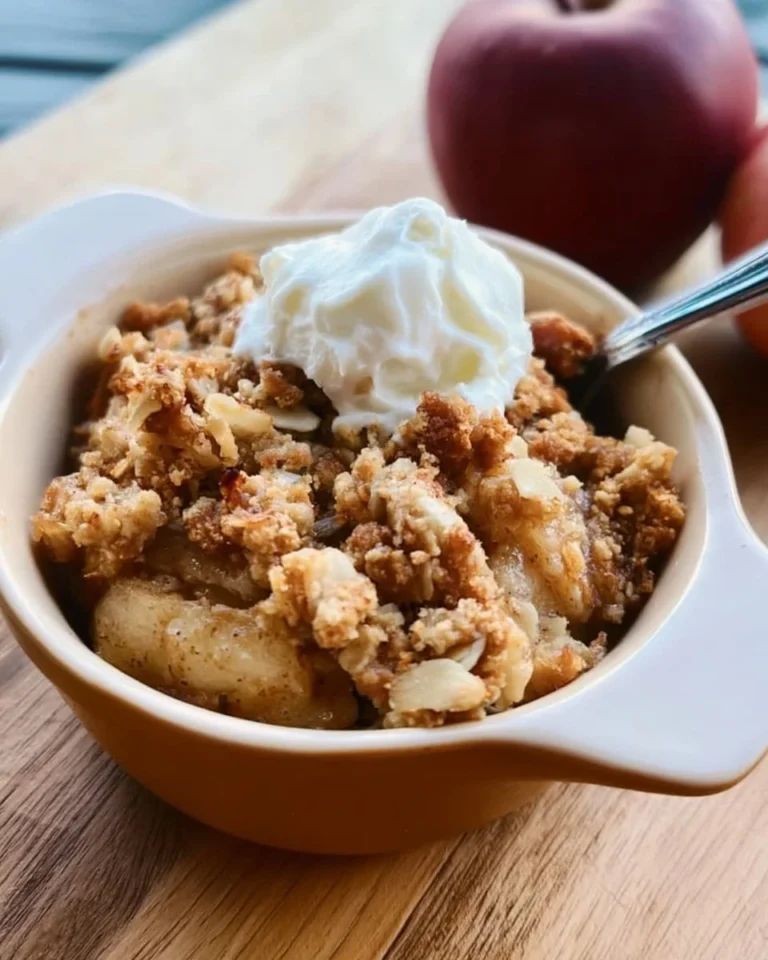 Easiest apple crisp with a crumbly topping and baked apples in a dish.