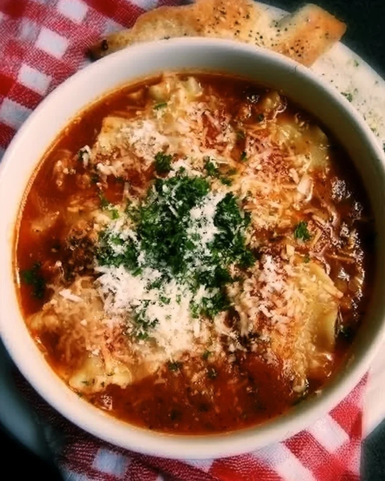 Delicious bowl of Crock Pot Lasagna Soup garnished with cheese and herbs