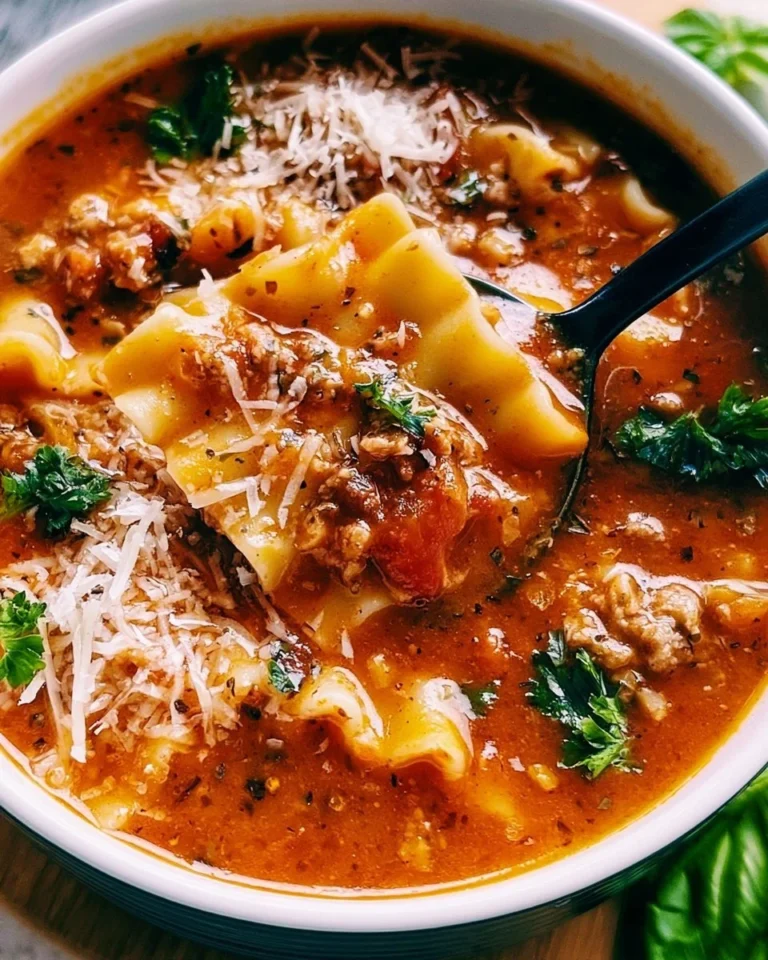 Bowl of easy crockpot lasagna soup with cheese and herbs