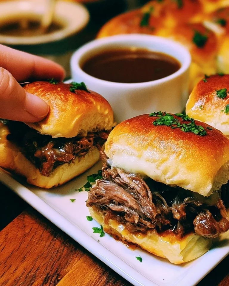 Delicious Easy French Dip Sliders served with dipping sauce