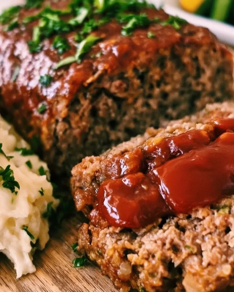 A delicious slice of easy meatloaf on a plate with vegetables