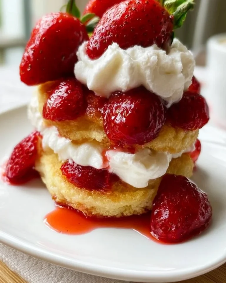 Sliced vegan strawberry shortcake topped with fresh strawberries and whipped cream.