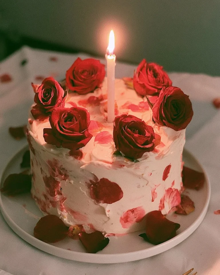 Elegant rose birthday cake with a candle on top, perfect for celebrations.