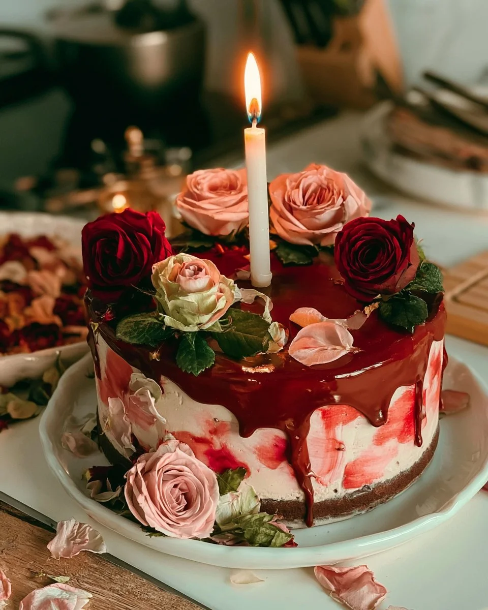 Elegant Rose Birthday Cake with a Candle