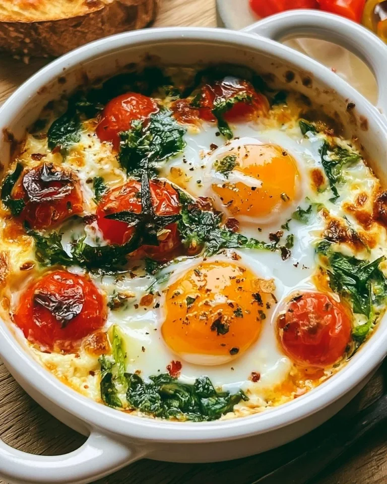 Feta egg bake with tomatoes and spinach served in a baking dish