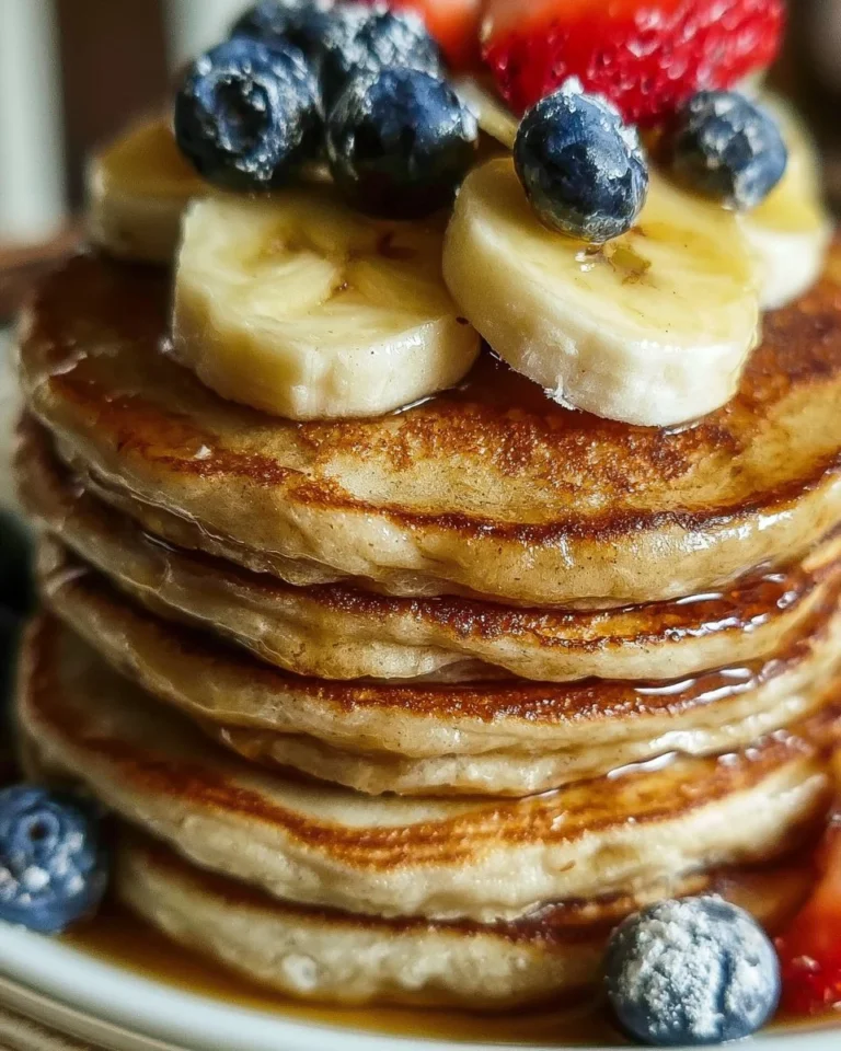 Fluffy banana pancakes stacked on a plate with syrup and banana slices