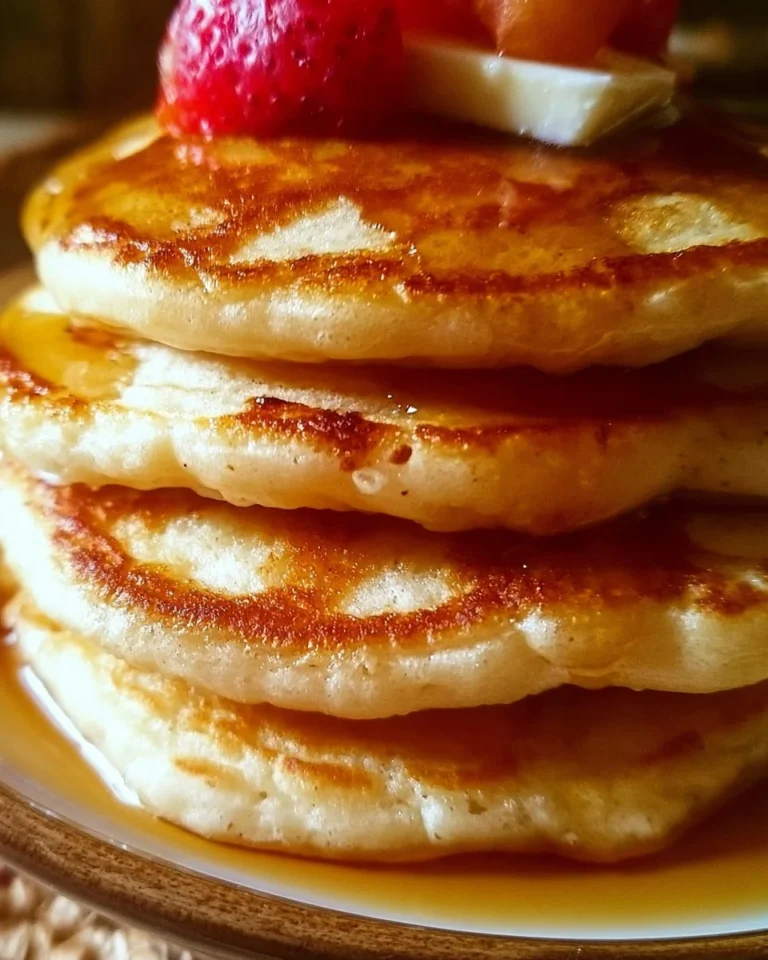 Stack of fluffy pancakes topped with syrup and berries on a plate