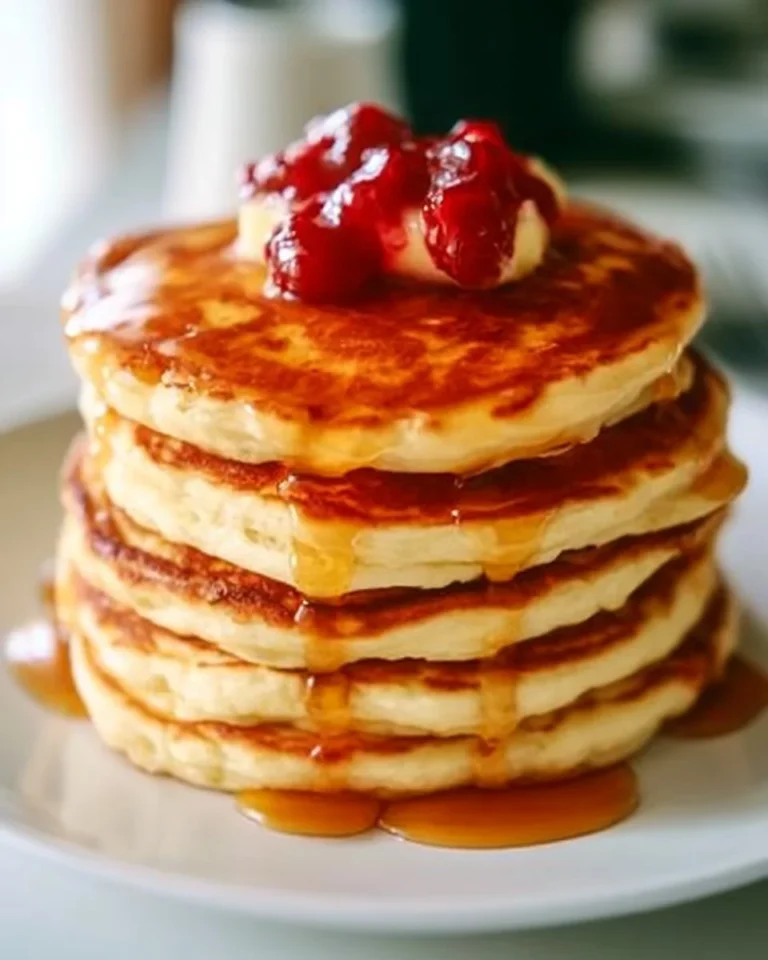 Golden fluffy pancakes stacked on a plate with syrup and fresh berries