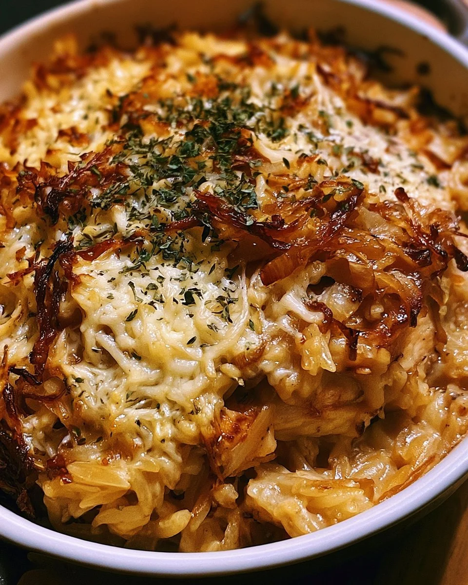 French Onion Chicken Orzo Casserole