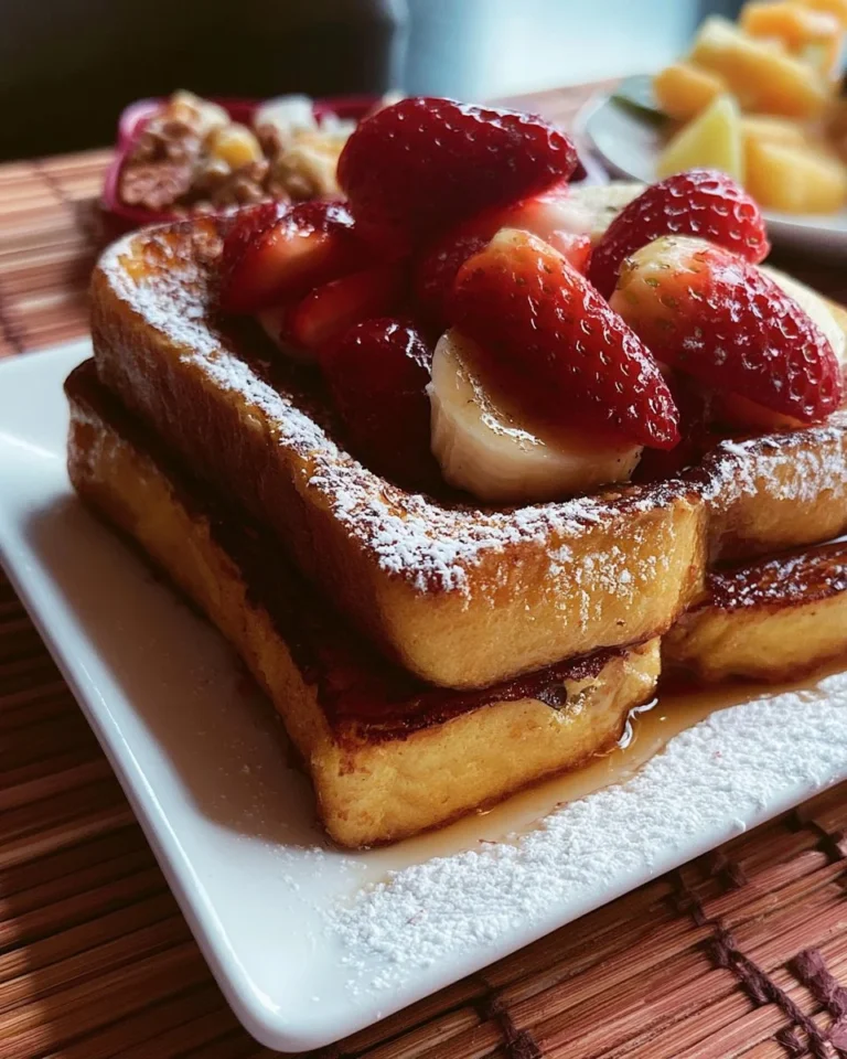Deliciously prepared French Toast topped with syrup and berries.