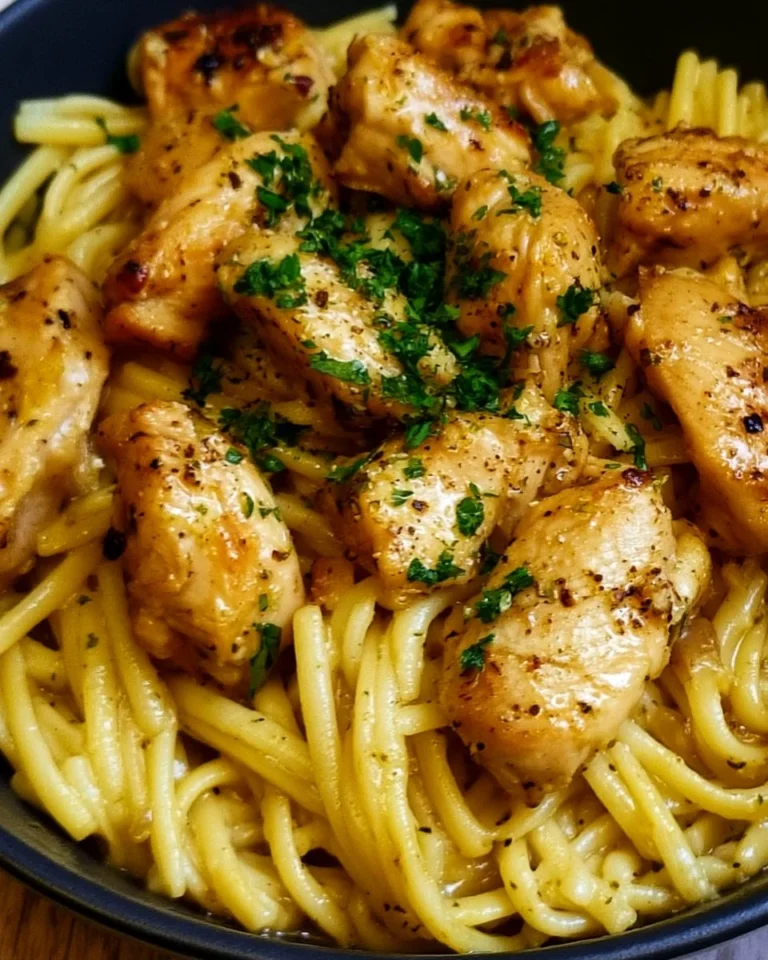 Delicious Garlic Butter Chicken Pasta topped with fresh herbs and parmesan cheese