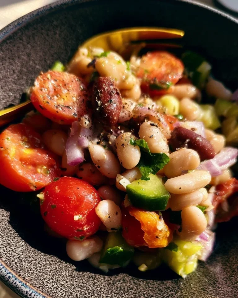 A vibrant bowl of Greek bean salad featuring colorful vegetables and fresh herbs.