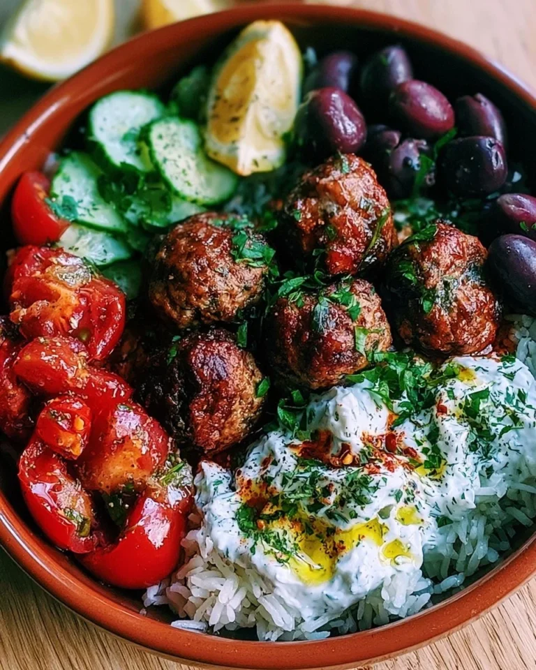 A flavorful Greek meatball bowl topped with fresh herbs and vegetables