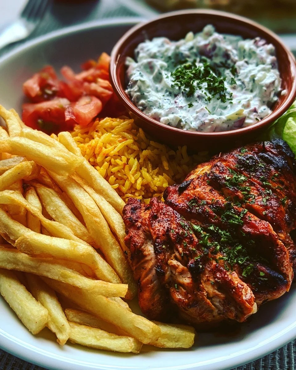 Greek-Style Chicken Plate with Tzatziki and Fries